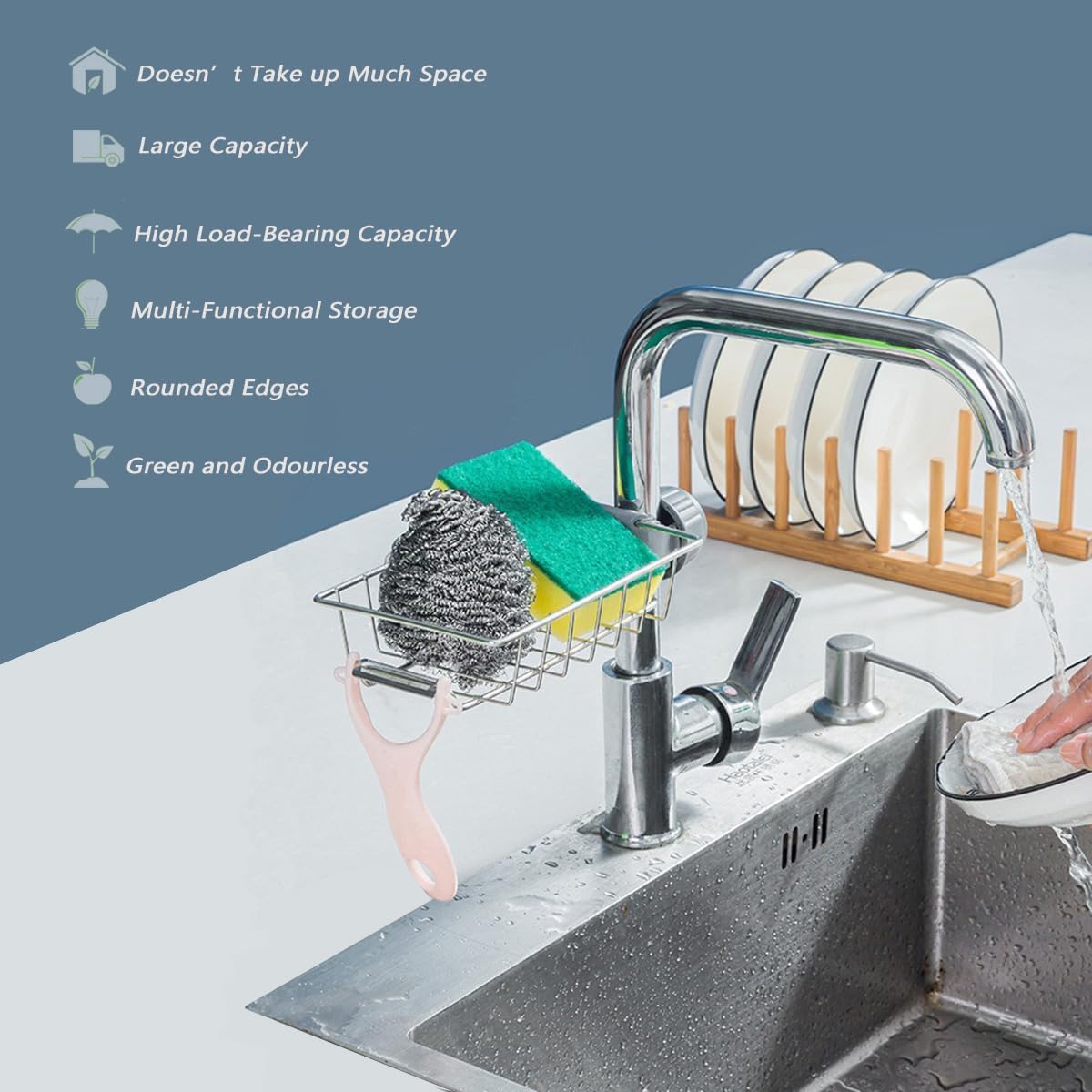 Kivora Kitchen Sink Caddy Organizer Over-Faucet Sponge Holder with Drain Slots for Storage